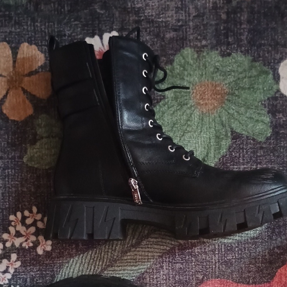 Black Combat Boots with Silver Buckle And Zipper Detail - Picture 5 of 7
